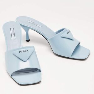 PRADA Burnished Leather Heeled Slide Sandals In Celeste EU 37.5 US 7.5 Org $1295